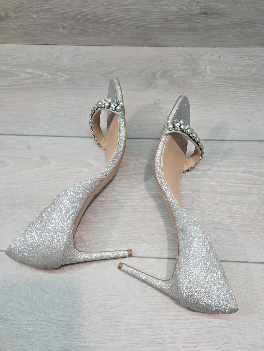 Jewel By Badgley Mischka Women Glitter OpenToe Heels Crystal Strap Shoes 9